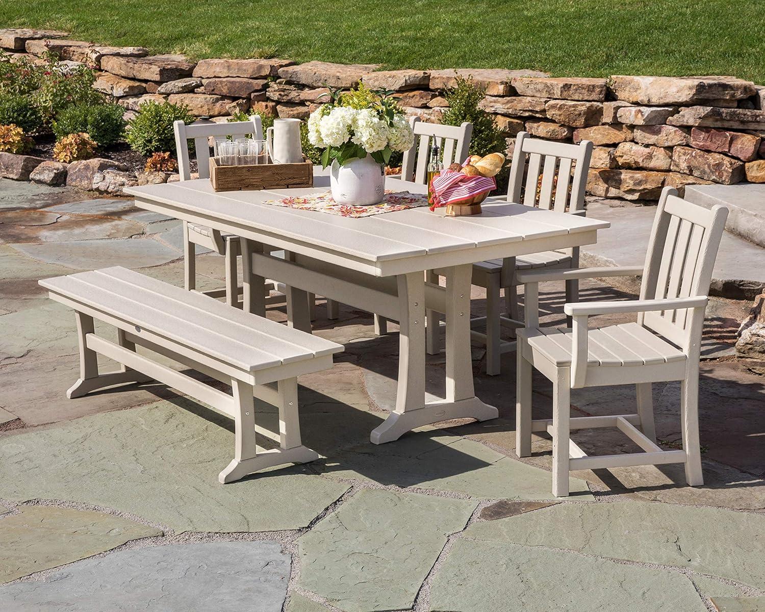 image:imagePolywood Traditional Garden 6Piece Farmhouse Dining Set with Bench BlackWhite