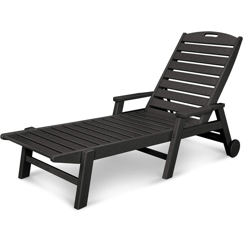 image:imagePOLYWOOD Nautical White HDPE Chaise Lounge with Arms amp Wheels Stackable Wood Pool Lounge Chair for Outdoor RelaxationBlack