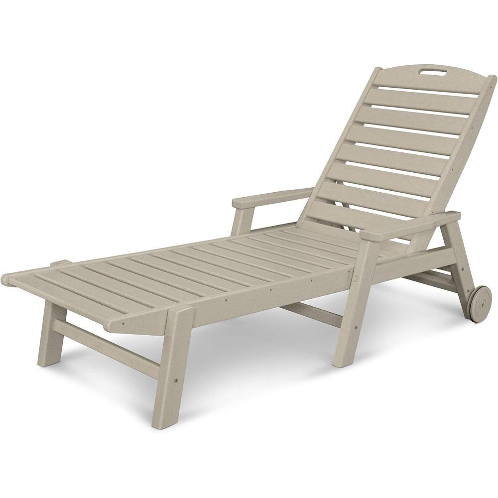 image:imagePOLYWOOD Nautical White HDPE Chaise Lounge with Arms amp Wheels Stackable Wood Pool Lounge Chair for Outdoor RelaxationSand