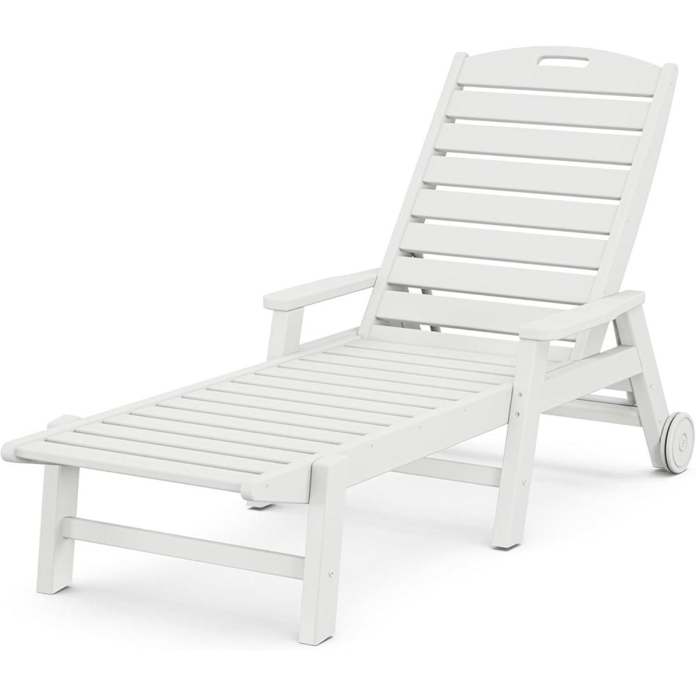 image:imagePOLYWOOD Nautical White HDPE Chaise Lounge with Arms amp Wheels Stackable Wood Pool Lounge Chair for Outdoor RelaxationWhite