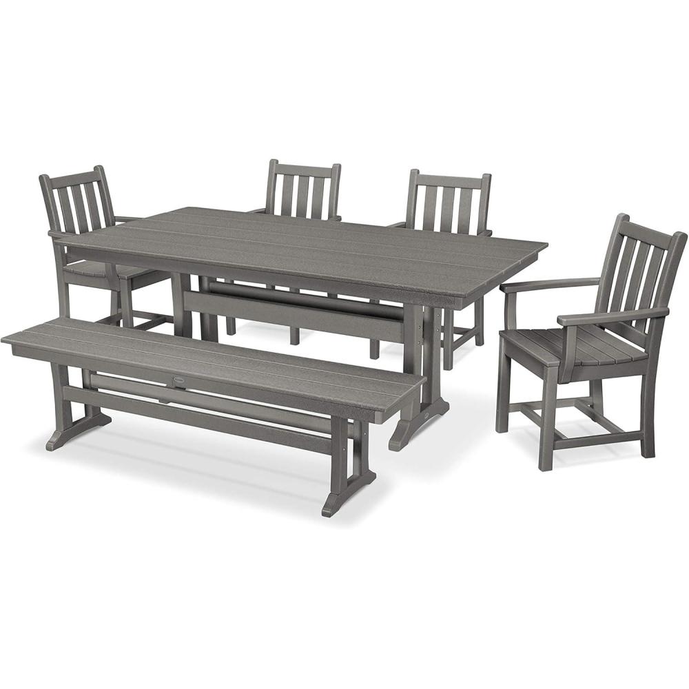image:imagePolywood Traditional Garden 6Piece Farmhouse Dining Set with Bench BlackSlate Grey