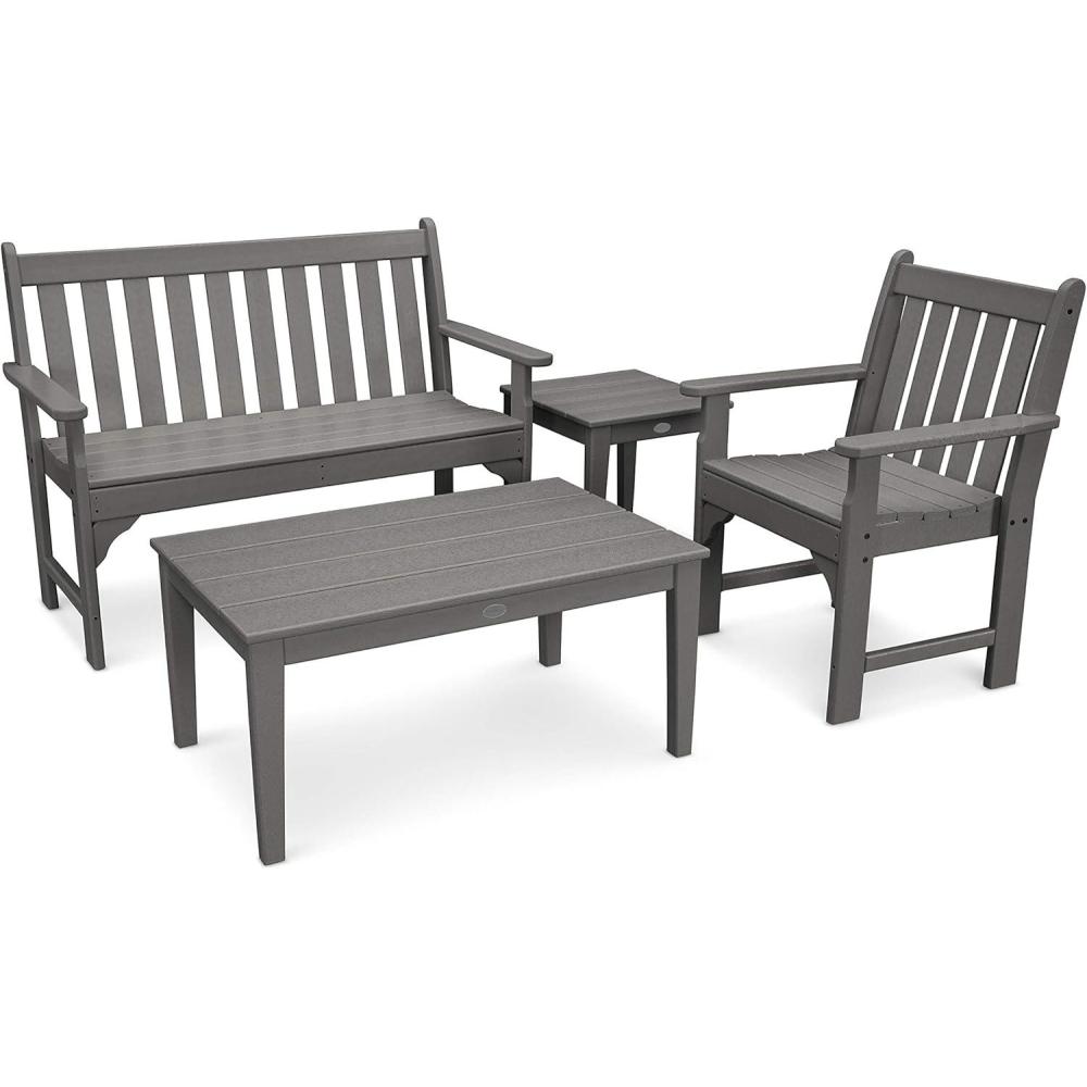 image:imagePolywood Vineyard 4Piece Outdoor Bench Seating Set White HDPE Patio Furniture with Coffee Table and Side Table Garden Bench Conversation Set for Deck Backyard amp PoolsideSlate Grey