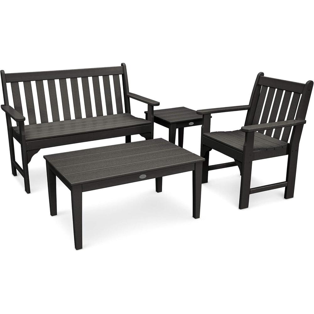 image:imagePolywood Vineyard 4Piece Outdoor Bench Seating Set White HDPE Patio Furniture with Coffee Table and Side Table Garden Bench Conversation Set for Deck Backyard amp PoolsideBlack