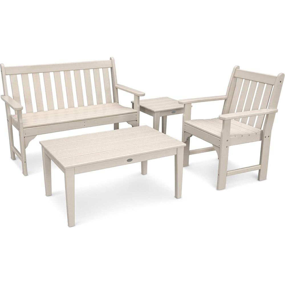 image:imagePolywood Vineyard 4Piece Outdoor Bench Seating Set White HDPE Patio Furniture with Coffee Table and Side Table Garden Bench Conversation Set for Deck Backyard amp PoolsideSand
