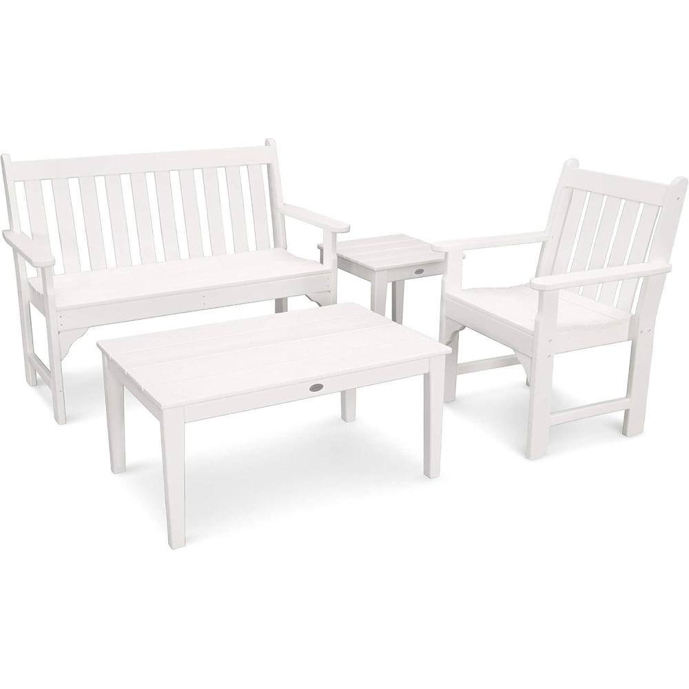 image:imagePolywood Vineyard 4Piece Outdoor Bench Seating Set White HDPE Patio Furniture with Coffee Table and Side Table Garden Bench Conversation Set for Deck Backyard amp PoolsideWhite