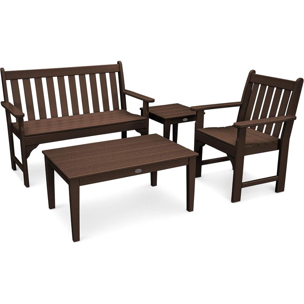 image:imagePolywood Vineyard 4Piece Outdoor Bench Seating Set White HDPE Patio Furniture with Coffee Table and Side Table Garden Bench Conversation Set for Deck Backyard amp PoolsideMahogany