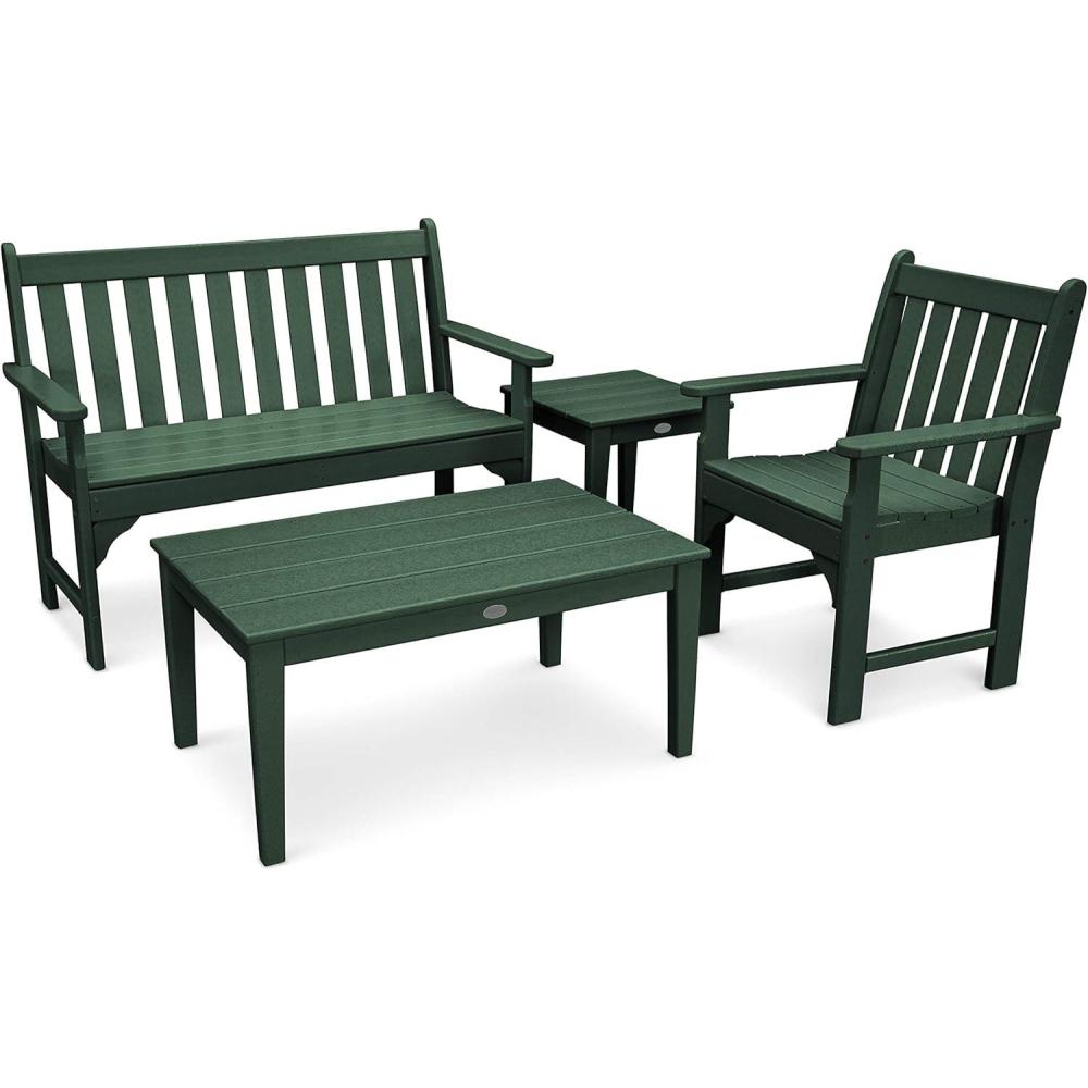 image:imagePolywood Vineyard 4Piece Outdoor Bench Seating Set White HDPE Patio Furniture with Coffee Table and Side Table Garden Bench Conversation Set for Deck Backyard amp PoolsideGreen