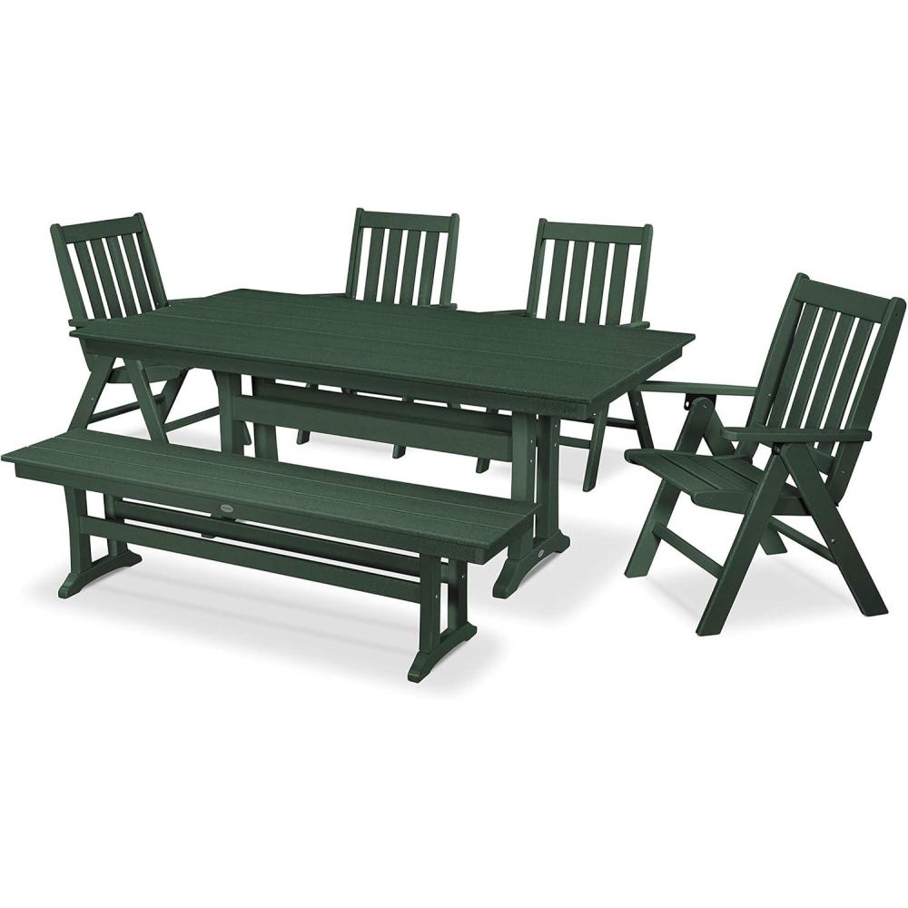 image:imagePolywood Vineyard 6Piece Farmhouse Folding Dining Set with Bench Teak HDPE Composite Outdoor Patio Furniture for Deck Garden amp BackyardGreen