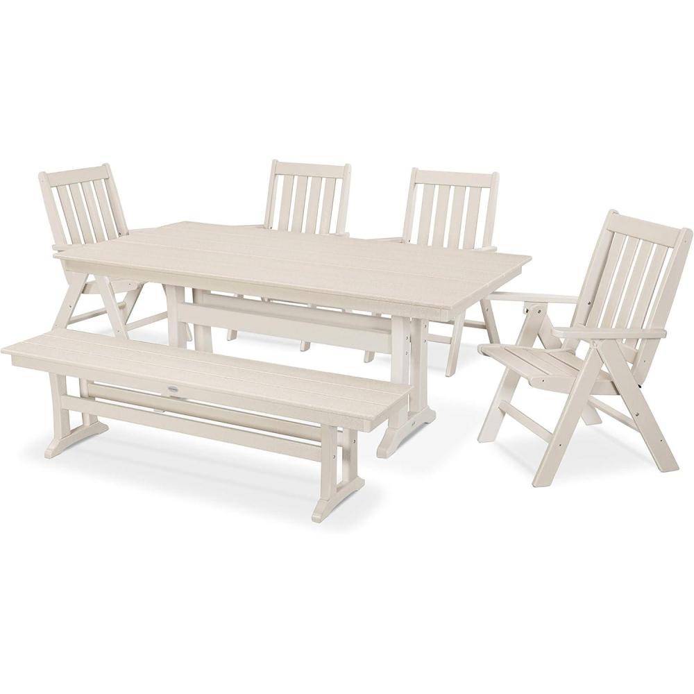 image:imagePolywood Vineyard 6Piece Farmhouse Folding Dining Set with Bench Teak HDPE Composite Outdoor Patio Furniture for Deck Garden amp BackyardSand