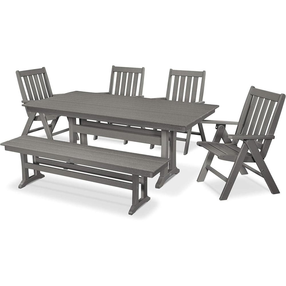 image:imagePolywood Vineyard 6Piece Farmhouse Folding Dining Set with Bench Teak HDPE Composite Outdoor Patio Furniture for Deck Garden amp BackyardSlate Grey