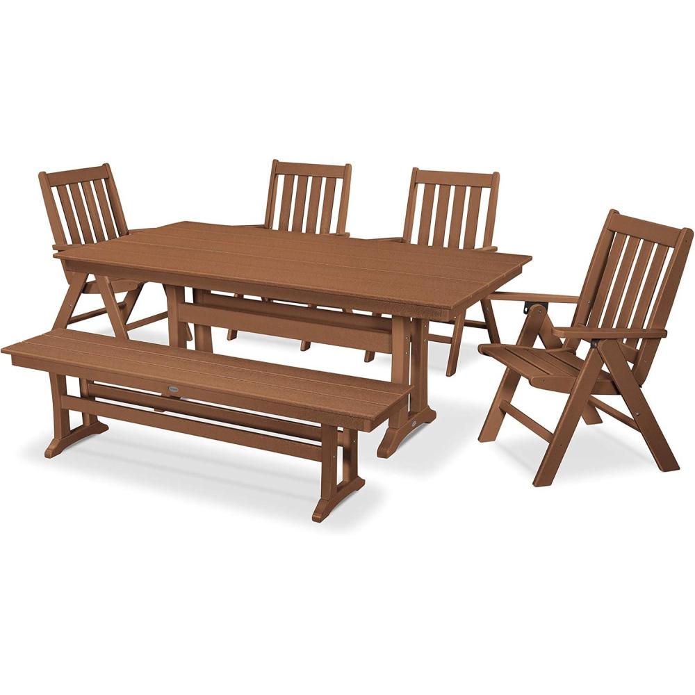 image:imagePolywood Vineyard 6Piece Farmhouse Folding Dining Set with Bench Teak HDPE Composite Outdoor Patio Furniture for Deck Garden amp BackyardTeak