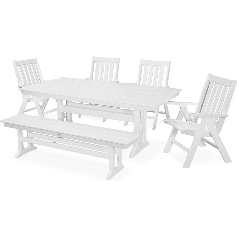 image:imagePolywood Vineyard 6Piece Farmhouse Folding Dining Set with Bench Teak HDPE Composite Outdoor Patio Furniture for Deck Garden amp BackyardWhite