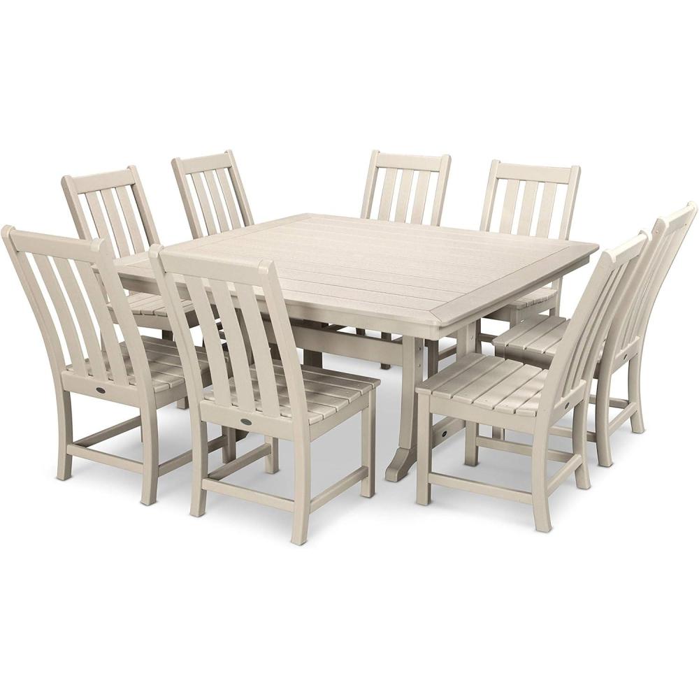 image:imagePolywood Vineyard 9Piece Outdoor Dining Set Sand HDPE Composite Patio Furniture Table and 8 Chairs FadeProof AllSeason Backyard DiningSand