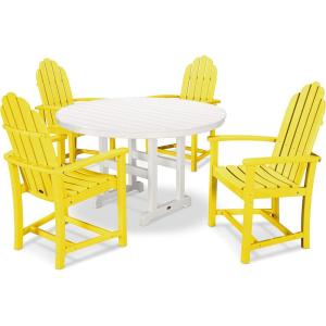 POLYWOOD® Classic Adirondack 5-Piece Round Farmhouse Dining Set in White(Lemon / White)