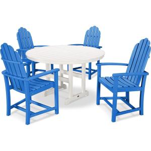 POLYWOOD® Classic Adirondack 5-Piece Round Farmhouse Dining Set in White(Pacific Blue / White)