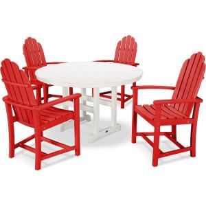 POLYWOOD® Classic Adirondack 5-Piece Round Farmhouse Dining Set in White(Sunset Red / White)