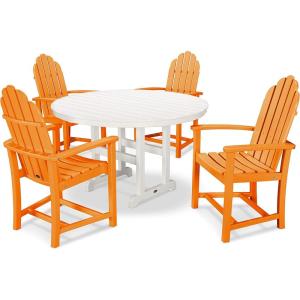 POLYWOOD® Classic Adirondack 5-Piece Round Farmhouse Dining Set in White(Tangerine / White)