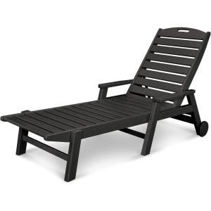 POLYWOOD Nautical White HDPE Chaise Lounge with Arms & Wheels, Stackable Wood Pool Lounge Chair for Outdoor Relaxation(Black)