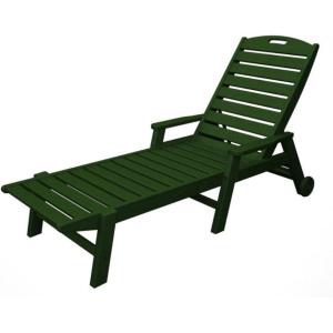 POLYWOOD Nautical White HDPE Chaise Lounge with Arms & Wheels, Stackable Wood Pool Lounge Chair for Outdoor Relaxation(Green)