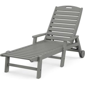 POLYWOOD Nautical White HDPE Chaise Lounge with Arms & Wheels, Stackable Wood Pool Lounge Chair for Outdoor Relaxation(Slate Grey)