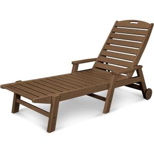 POLYWOOD Nautical White HDPE Chaise Lounge with Arms & Wheels, Stackable Wood Pool Lounge Chair for Outdoor Relaxation(Teak)