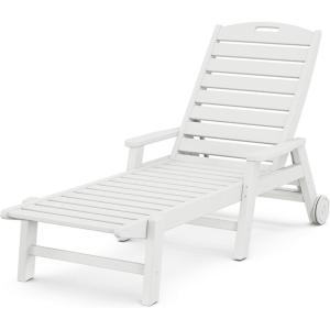 POLYWOOD Nautical White HDPE Chaise Lounge with Arms & Wheels, Stackable Wood Pool Lounge Chair for Outdoor Relaxation(White)