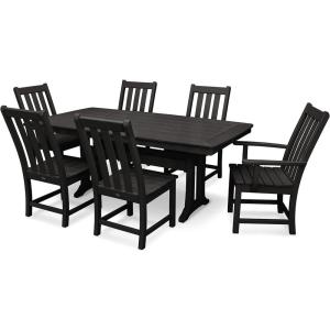 POLYWOOD Vineyard 7-Piece Nautical Trestle Dining Set (Teak)(Black)