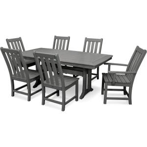 POLYWOOD Vineyard 7-Piece Nautical Trestle Dining Set (Teak)(Slate Grey)