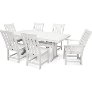 POLYWOOD Vineyard 7-Piece Nautical Trestle Dining Set (Teak)(White)
