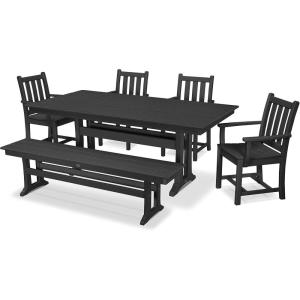 Polywood Traditional Garden 6-Piece Farmhouse Dining Set with Bench (Black)(Black)