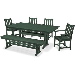 Polywood Traditional Garden 6-Piece Farmhouse Dining Set with Bench (Black)(Green)