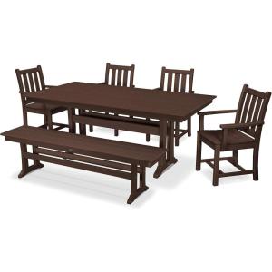 Polywood Traditional Garden 6-Piece Farmhouse Dining Set with Bench (Black)(Mahogany)
