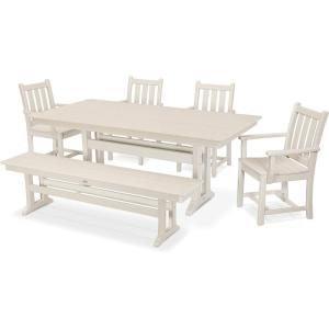 Polywood Traditional Garden 6-Piece Farmhouse Dining Set with Bench (Black)(Sand)