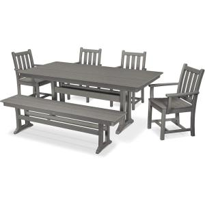 Polywood Traditional Garden 6-Piece Farmhouse Dining Set with Bench (Black)(Slate Grey)
