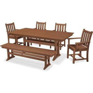 Polywood Traditional Garden 6-Piece Farmhouse Dining Set with Bench (Black)(Teak)