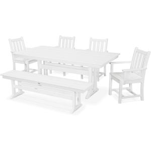 Polywood Traditional Garden 6-Piece Farmhouse Dining Set with Bench (Black)(White)