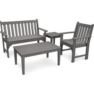 Polywood Vineyard 4-Piece Outdoor Bench Seating Set – White HDPE Patio Furniture with Coffee Table and Side Table – Garden Bench Conversation Set for Deck, Backyard & Poolside(Slate Grey)