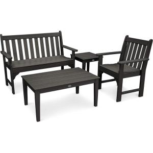 Polywood Vineyard 4-Piece Outdoor Bench Seating Set – White HDPE Patio Furniture with Coffee Table and Side Table – Garden Bench Conversation Set for Deck, Backyard & Poolside(Black)