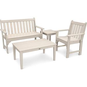 Polywood Vineyard 4-Piece Outdoor Bench Seating Set – White HDPE Patio Furniture with Coffee Table and Side Table – Garden Bench Conversation Set for Deck, Backyard & Poolside(Sand)