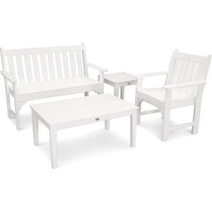 Polywood Vineyard 4-Piece Outdoor Bench Seating Set – White HDPE Patio Furniture with Coffee Table and Side Table – Garden Bench Conversation Set for Deck, Backyard & Poolside(White)