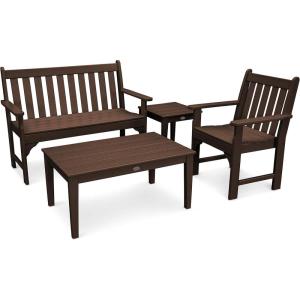 Polywood Vineyard 4-Piece Outdoor Bench Seating Set – White HDPE Patio Furniture with Coffee Table and Side Table – Garden Bench Conversation Set for Deck, Backyard & Poolside(Mahogany)