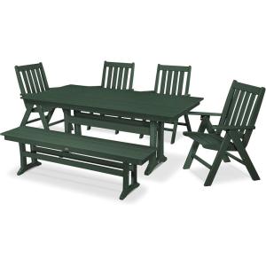 Polywood Vineyard 6-Piece Farmhouse Folding Dining Set with Bench, Teak – HDPE Composite Outdoor Patio Furniture for Deck, Garden & Backyard(Green)