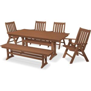 Polywood Vineyard 6-Piece Farmhouse Folding Dining Set with Bench, Teak – HDPE Composite Outdoor Patio Furniture for Deck, Garden & Backyard(Teak)