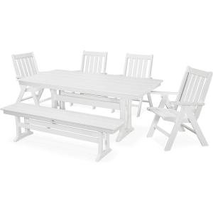 Polywood Vineyard 6-Piece Farmhouse Folding Dining Set with Bench, Teak – HDPE Composite Outdoor Patio Furniture for Deck, Garden & Backyard(White)