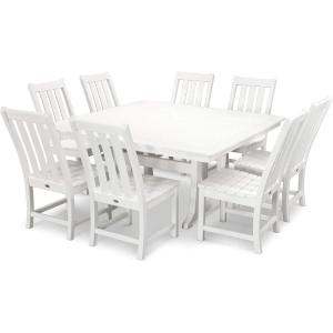 Polywood Vineyard 9-Piece Outdoor Dining Set – Sand – HDPE Composite Patio Furniture – Table and 8 Chairs – Fade-Proof All-Season Backyard Dining(White)