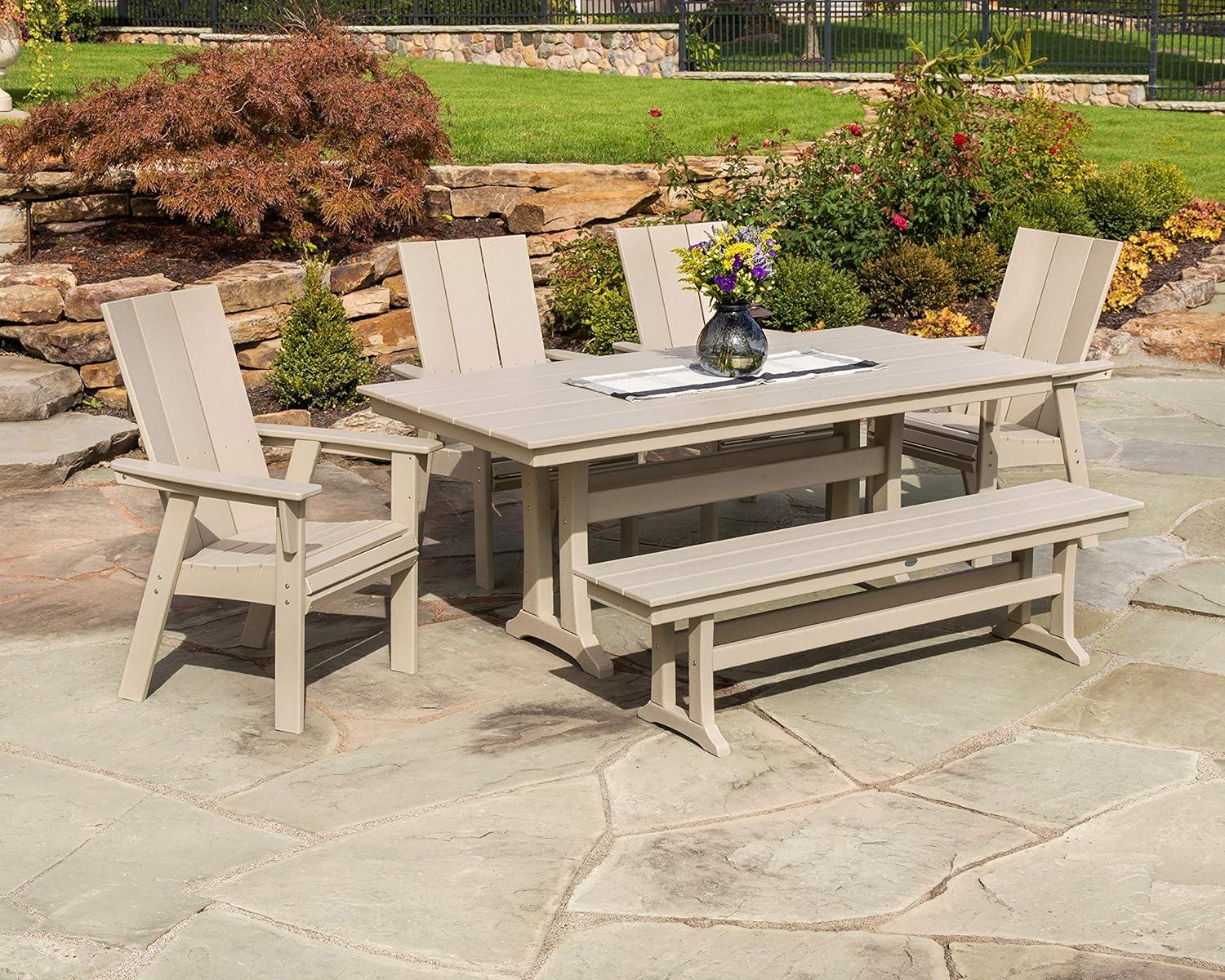 image:imagePolywood Modern Adirondack 6Piece Farmhouse Dining Set with Bench Slate GreyMahogany