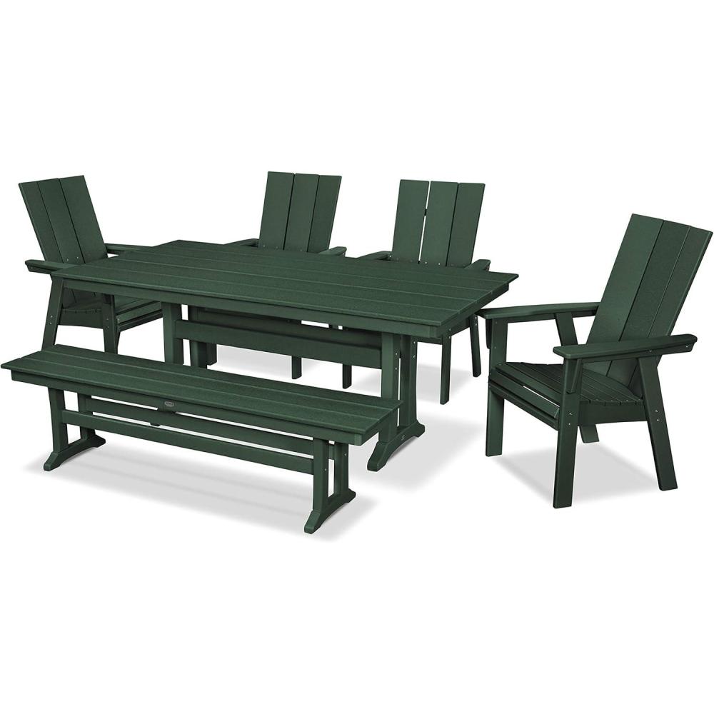 image:imagePolywood Modern Adirondack 6Piece Farmhouse Dining Set with Bench Slate GreyGreen