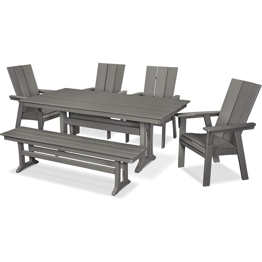 image:imagePolywood Modern Adirondack 6Piece Farmhouse Dining Set with Bench Slate GreySlate Grey