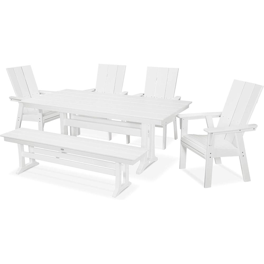 image:imagePolywood Modern Adirondack 6Piece Farmhouse Dining Set with Bench Slate GreyWhite