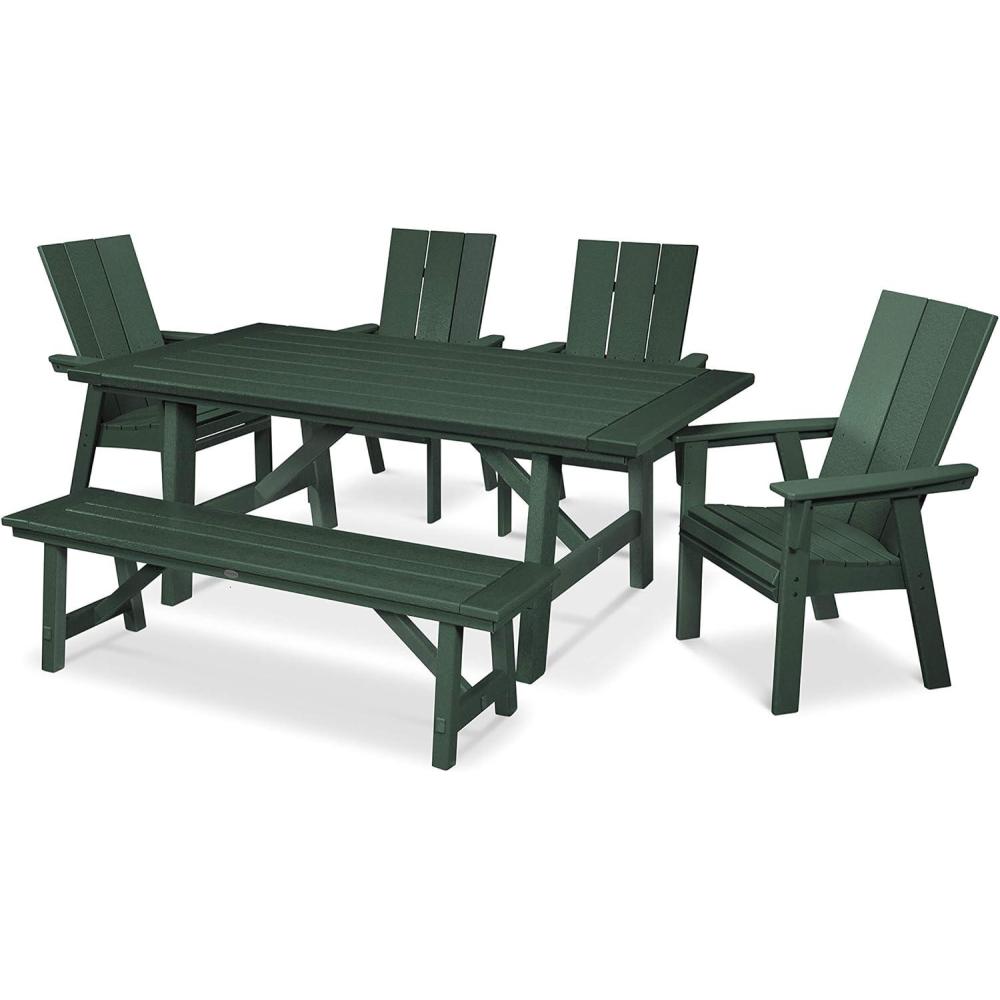 image:imagePolywood Modern Curveback Adirondack 6Piece Rustic Farmhouse Dining Set with Bench in TeakGreen